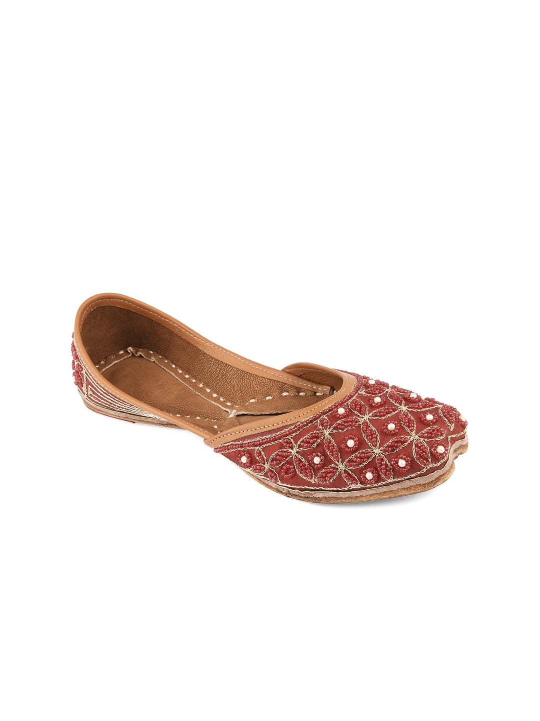 DESI COLOUR Women Maroon Embellished Leather Ethnic Mojaris Flats