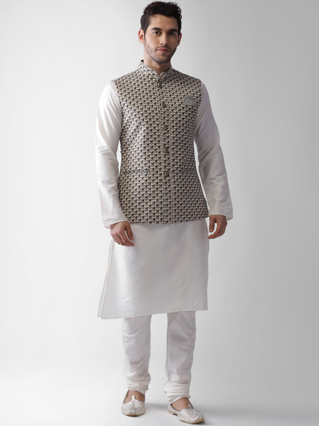 KISAH Men Grey & White Regular Kurta with Pyjamas & Jacket