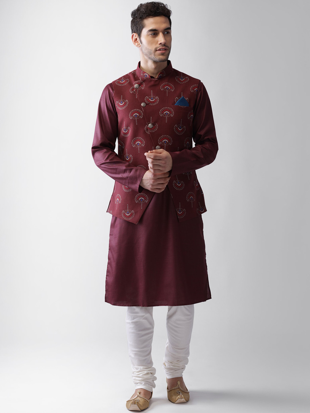 KISAH Men Maroon Embroidered Regular Kurta with Pyjamas & Jacket
