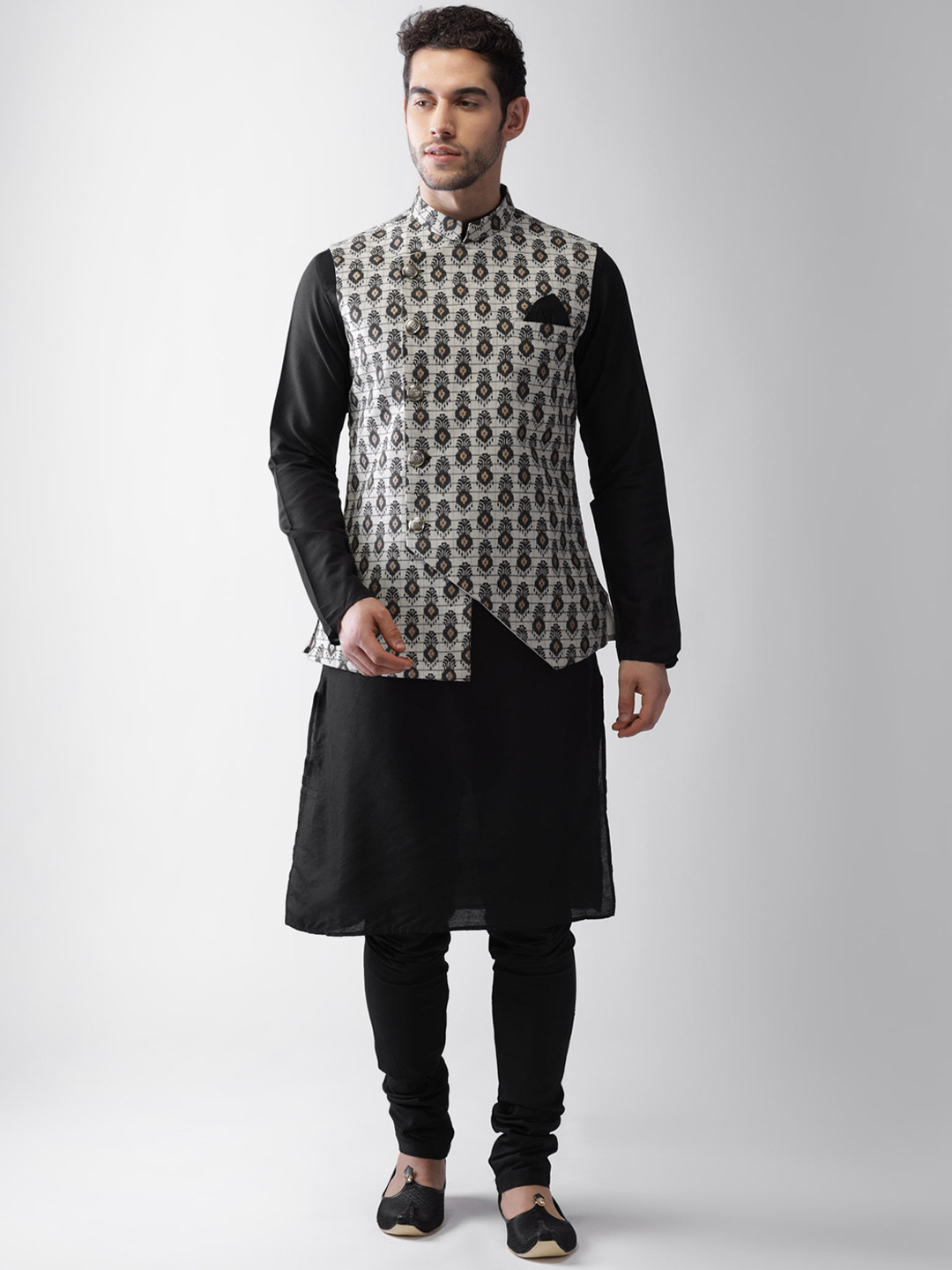 KISAH Men Grey & Black Ethnic Motifs Printed Kurta with Pyjamas & Jacket Set
