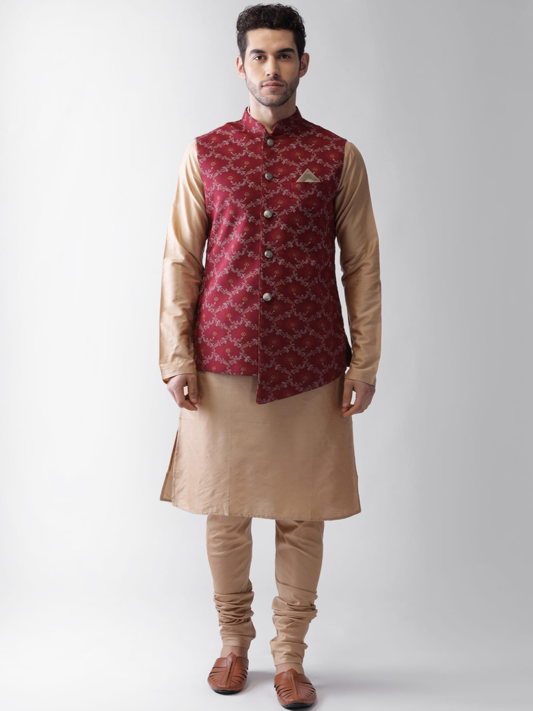 KISAH Men Maroon Regular Kurta with Churidar & Nehru Jacket Set