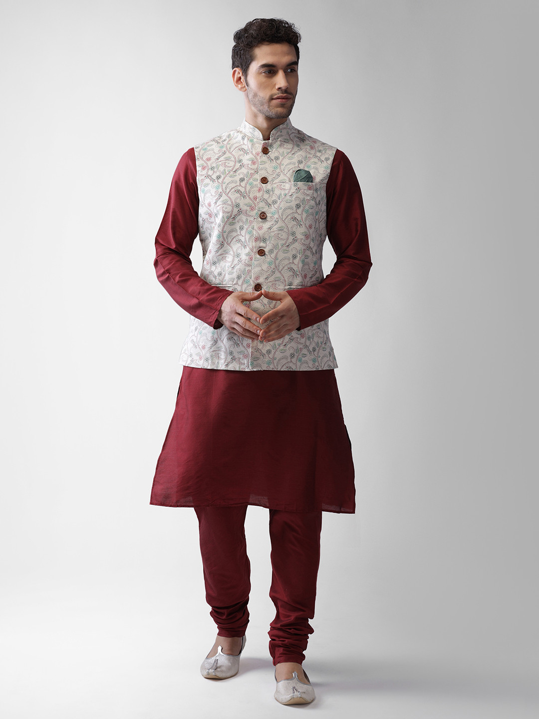 KISAH Men Maroon Regular Kurta Pyjamas with Printed Nehru Jacket