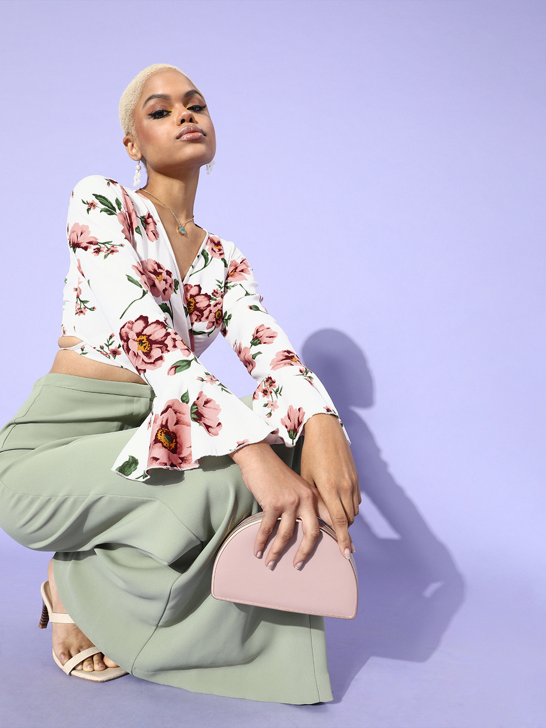 Berrylush Women White Floral Bell Sleeves Top