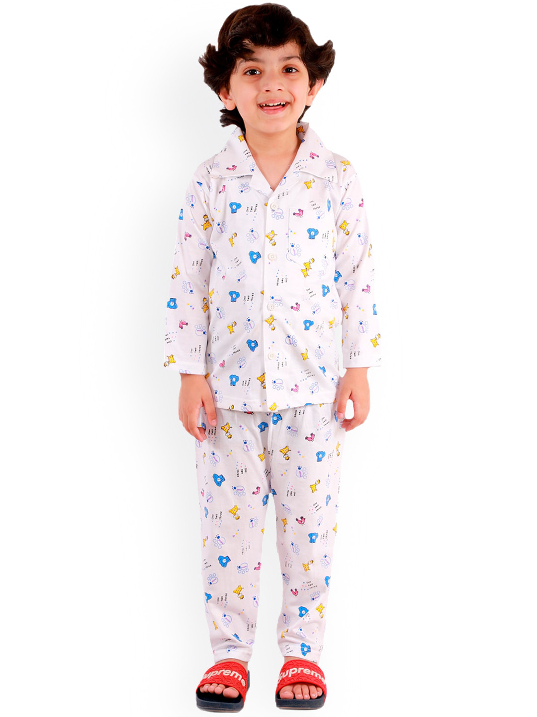 Superminis Unisex Kids White & Blue Printed Pure Cotton Night suit
