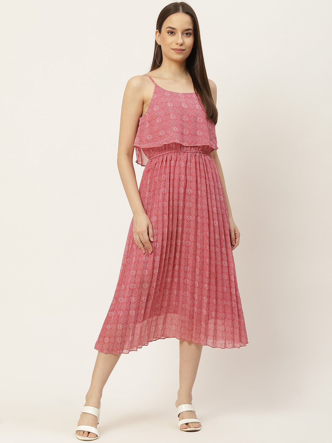 Slenor Pink Layered Accordion Pleats Georgette A-Line Midi Dress