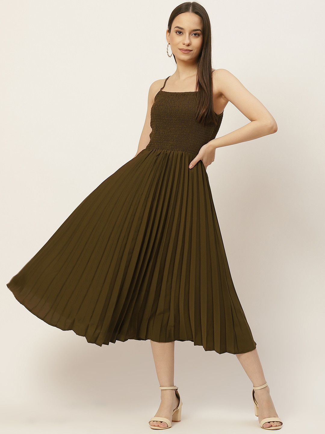 Slenor Olive Green Midi Crepe A-Line Dress