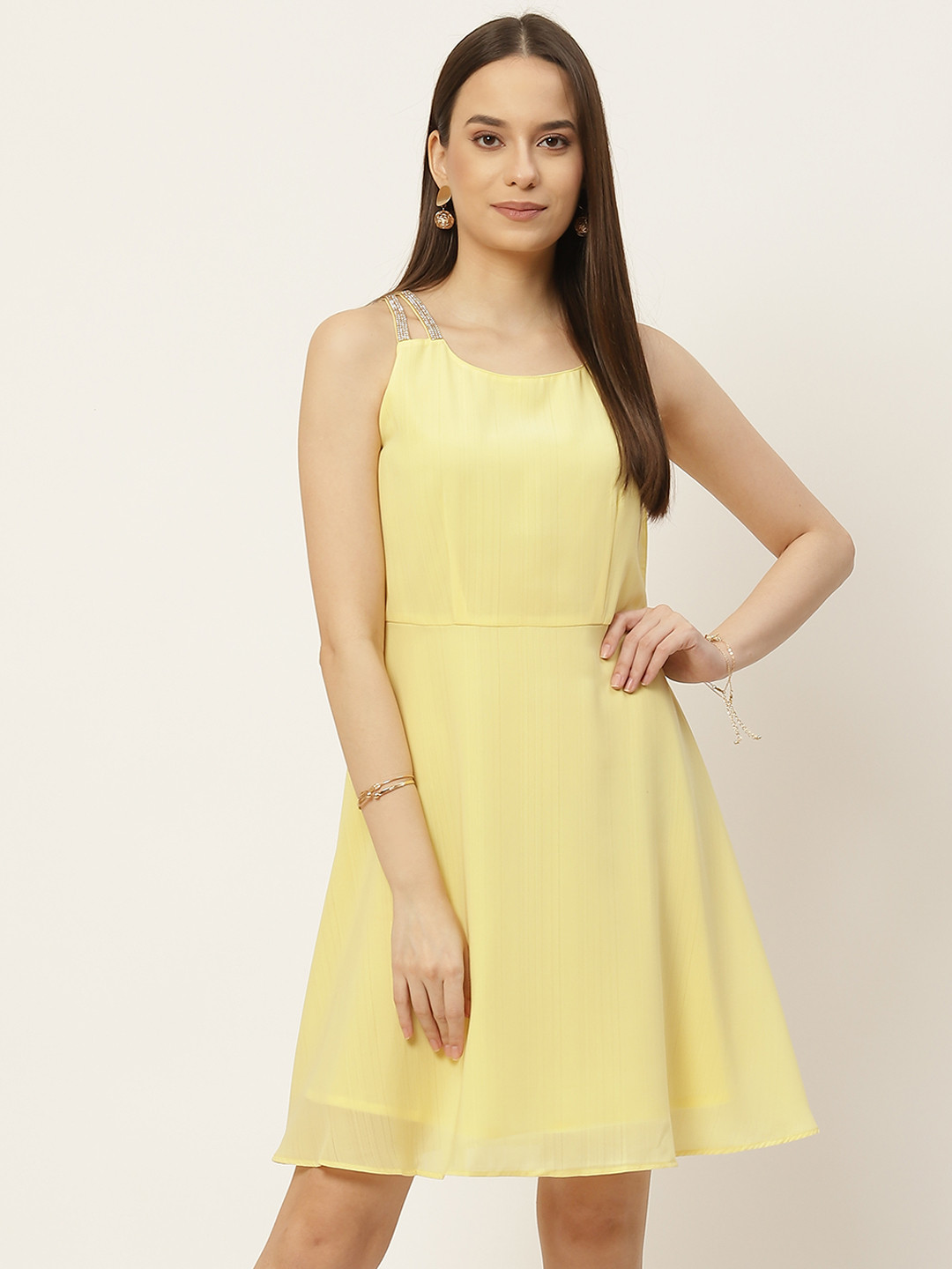 Slenor Yellow Georgette A-Line Knee Length Dress