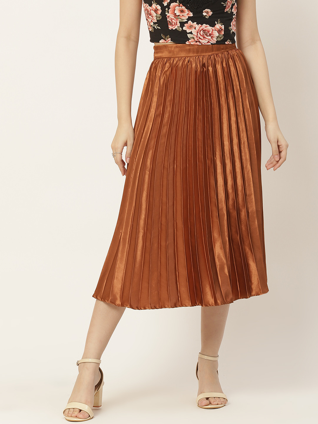 Slenor Women Brown Accordian Pleated Satin Midi Skirt