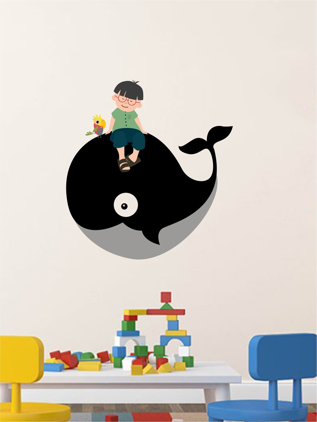 Decal O Decal Black & Grey Boy With A Whale & Parrot Wall Sticker