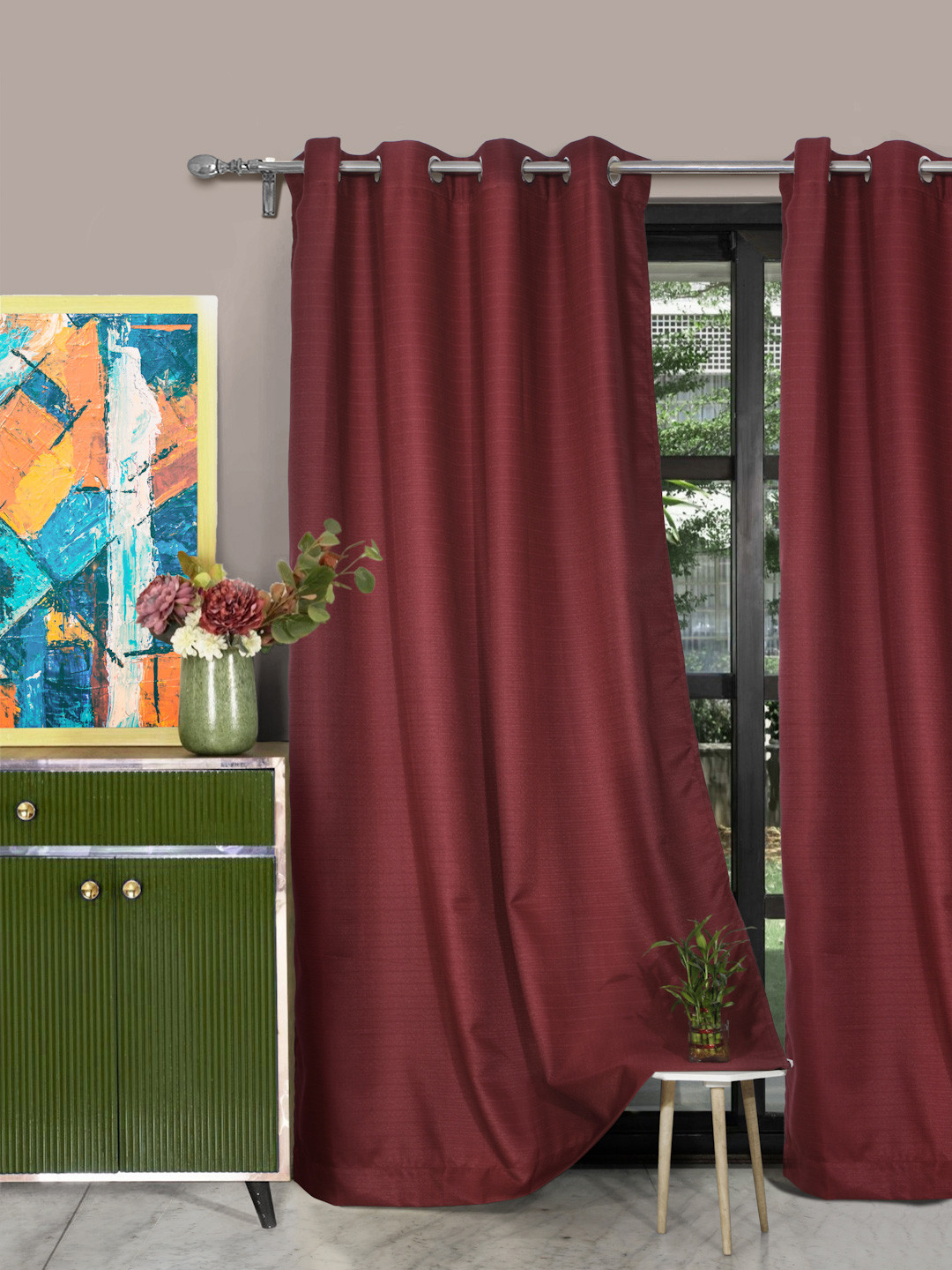 ROSARA HOME Set Of 2 Maroon Long Door Curtain