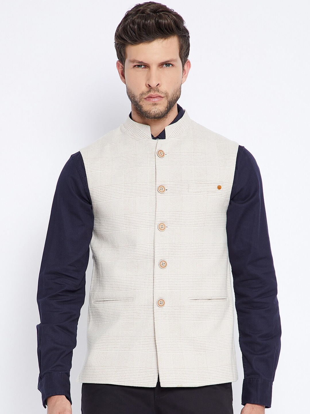 Crimsoune Club Men Beige Checked Nehru Jacket