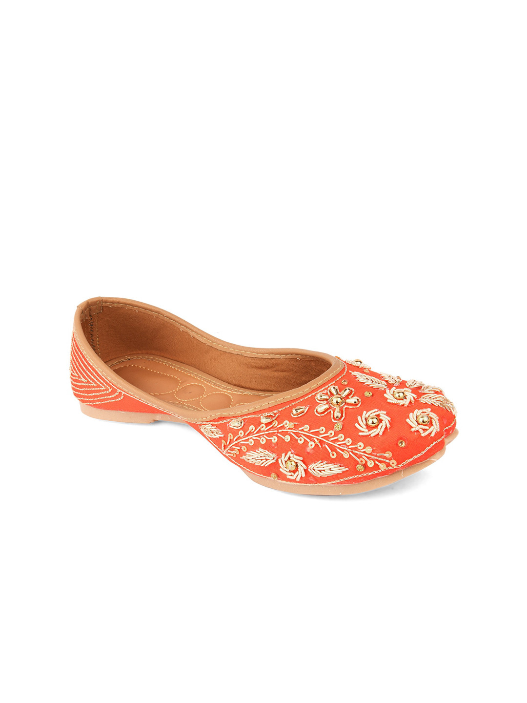 DESI COLOUR Women Coral Red & Gold-Toned Dabka Embellished Ethnic Mojaris Flats