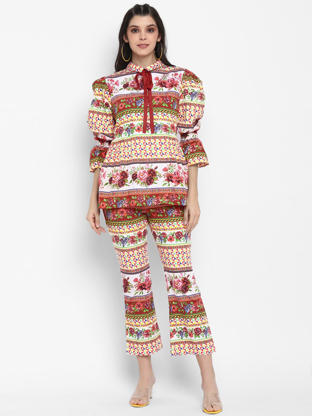 BLANC9 Red & White Printed Top with Cropped Trousers