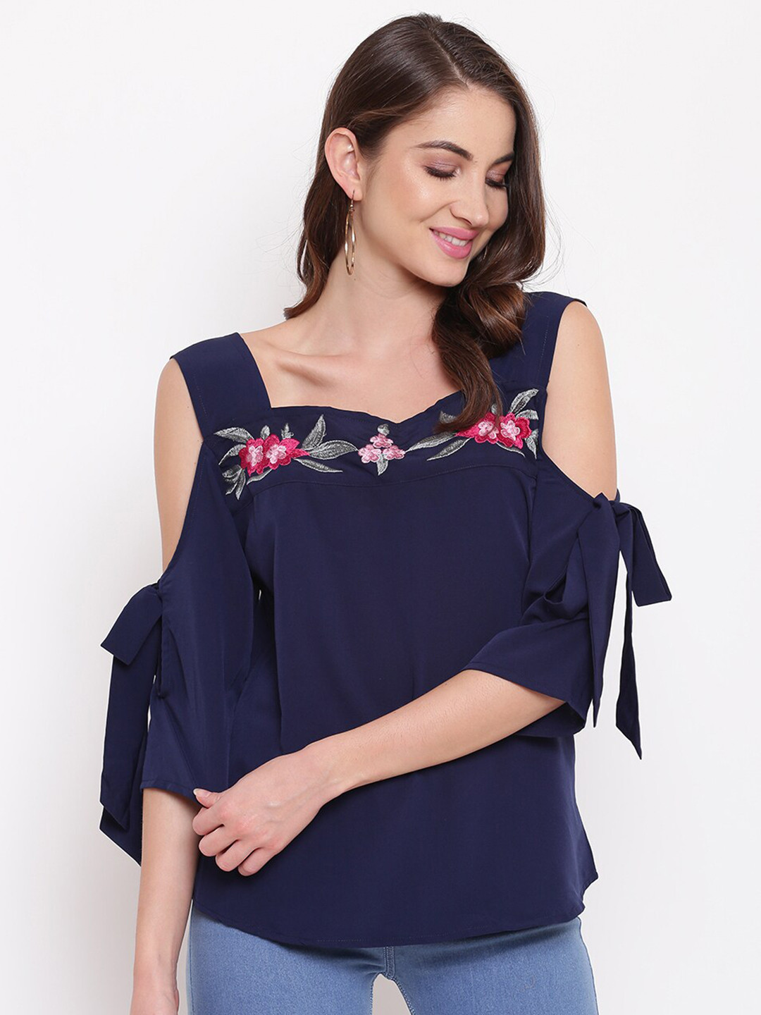 Mayra Navy Blue Embroidered Regular Top