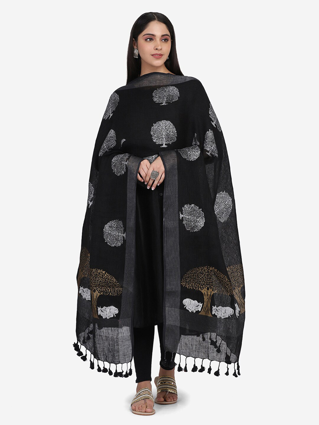 THE WEAVE TRAVELLER Black & White Printed Linen Block Print Dupatta with Zari