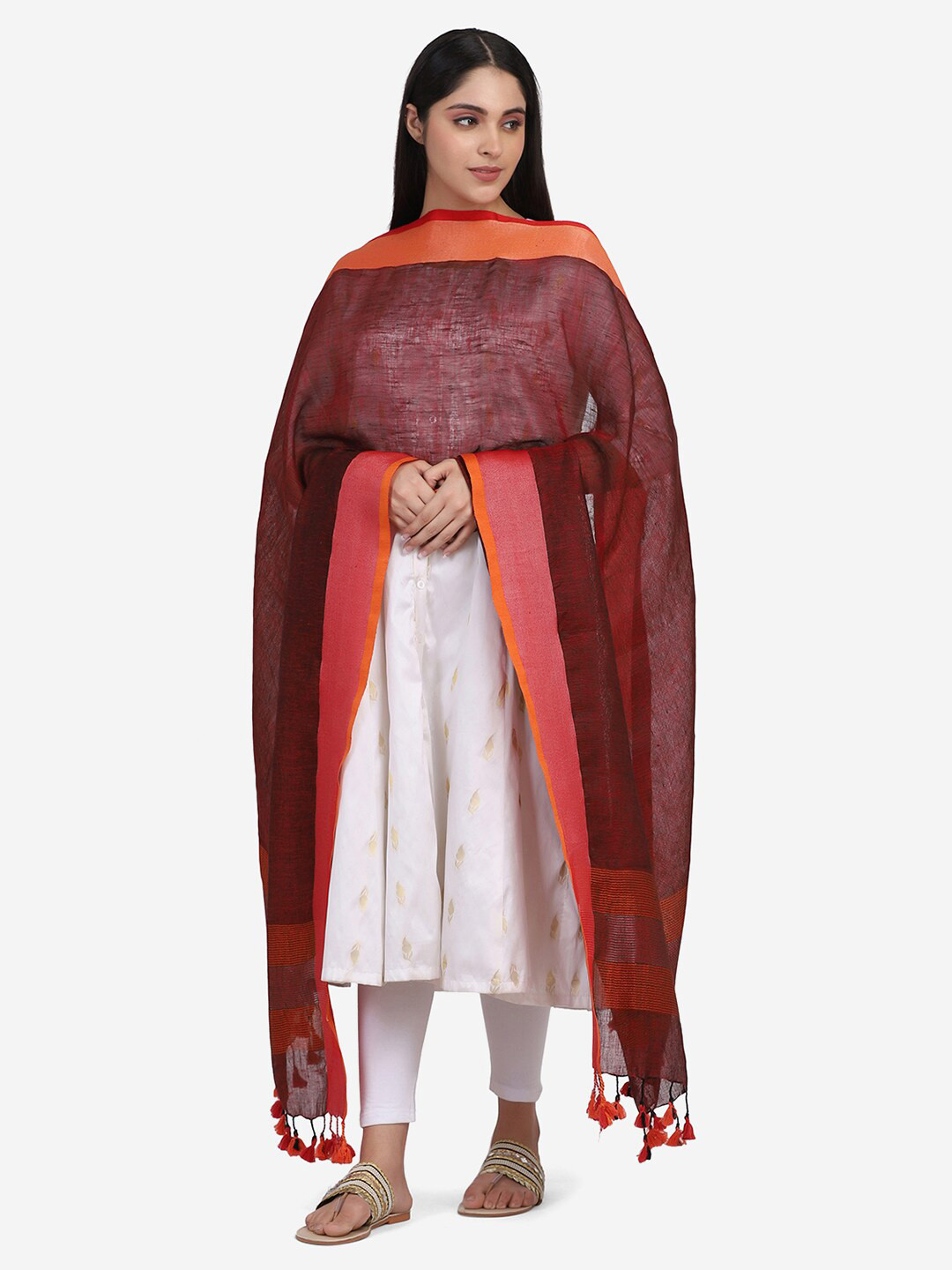 THE WEAVE TRAVELLER Maroon Linen Dupatta with Zari