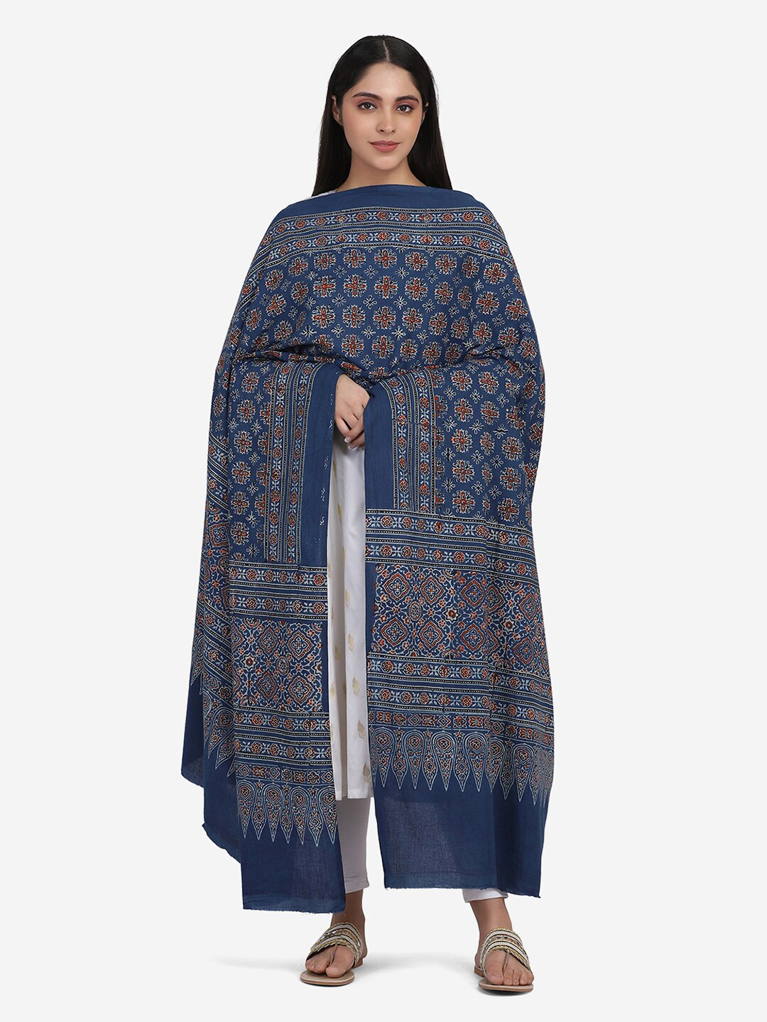 THE WEAVE TRAVELLER Blue & Rust Ethnic Motifs Printed Pure Cotton Block Print Dupatta