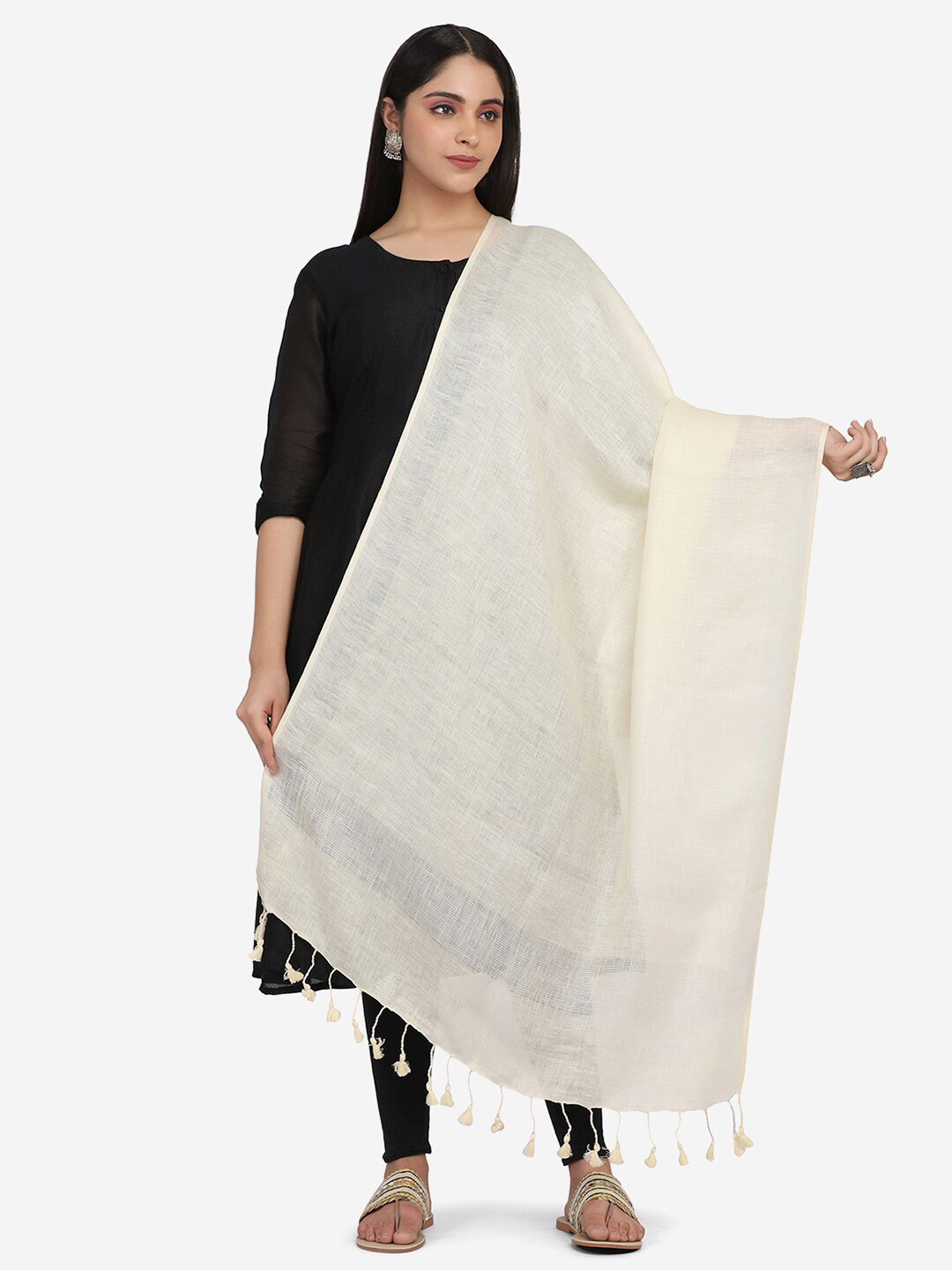 THE WEAVE TRAVELLER Beige Linen Dupatta with Zari