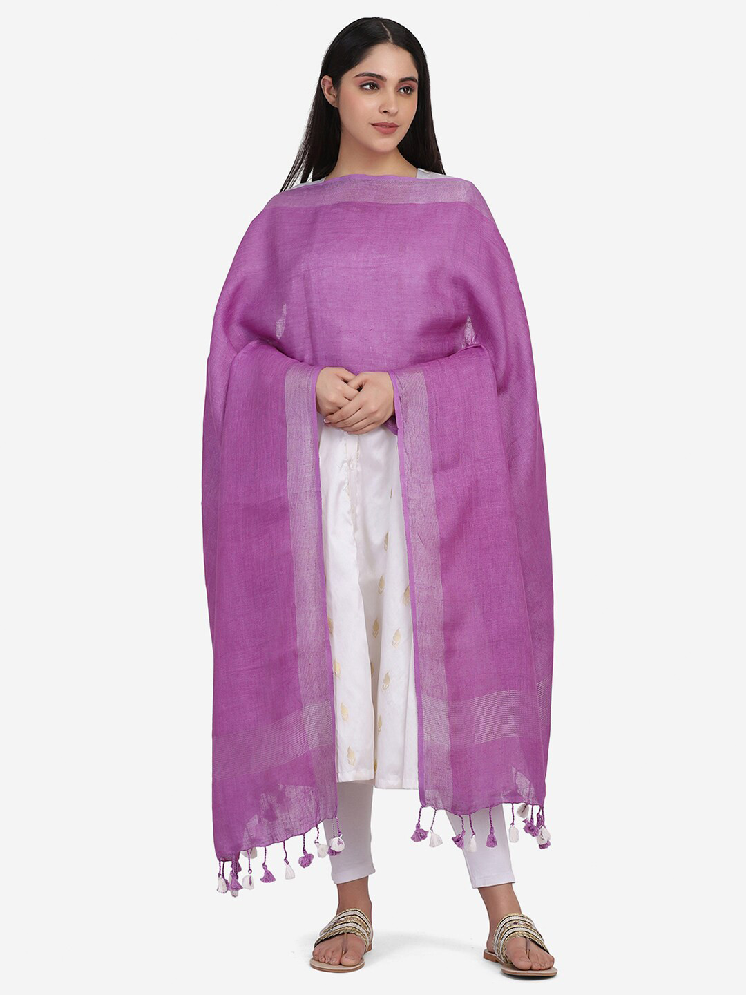 THE WEAVE TRAVELLER Purple Linen Dupatta with Zari