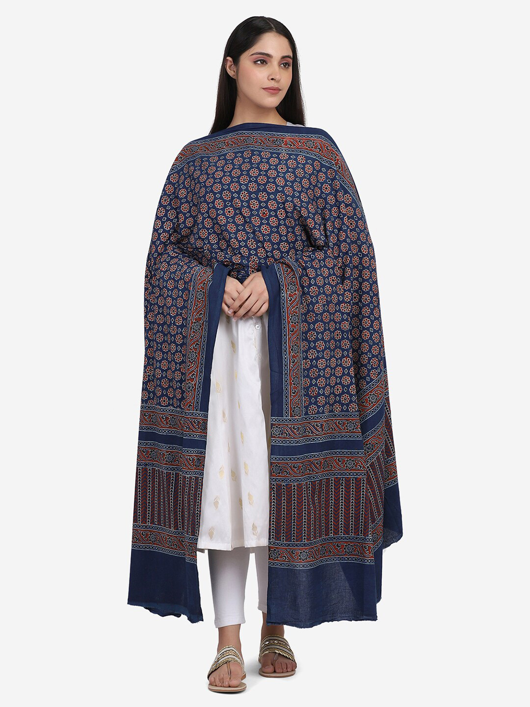 THE WEAVE TRAVELLER Blue & Red Ajrakh Hand Block Printed Pure Cotton Dupatta
