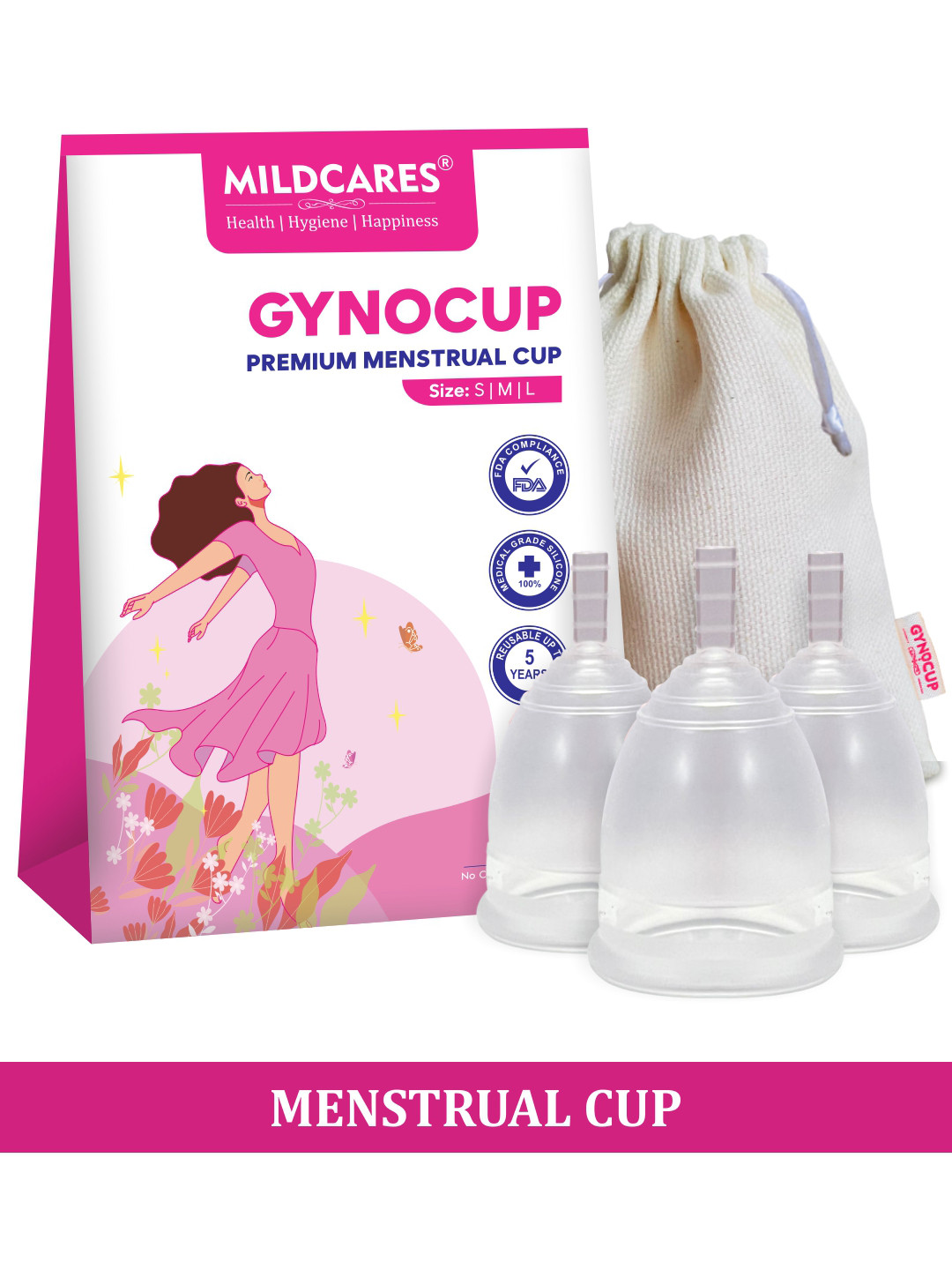 GYNOCUP Set of 3 Small Size Premium Odour & Rash Free Menstrual Cups - Pink