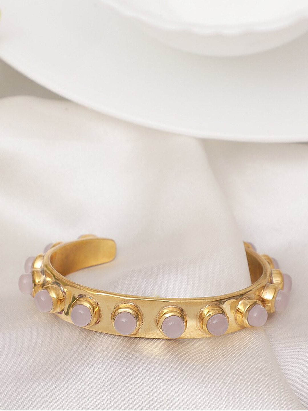 XAGO Women Gold-Toned & Pink Brass Chalcedony Handcrafted Gold-Plated Cuff Bracelet