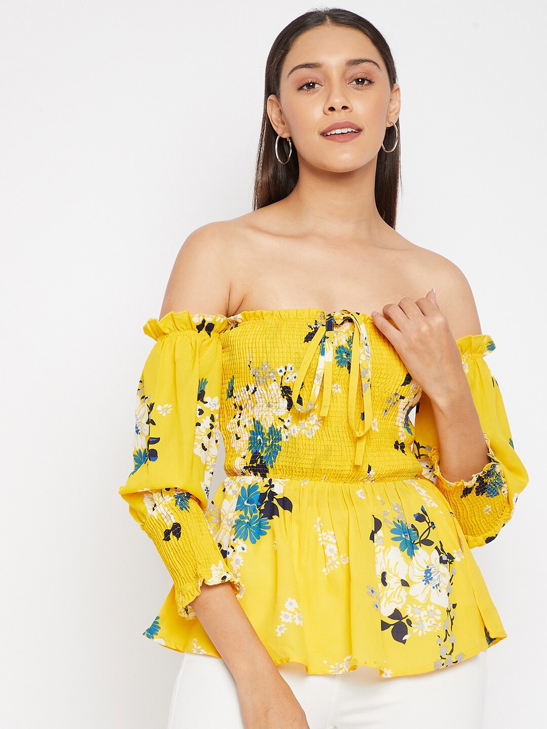 PANIT Yellow Floral Off-Shoulder Crepe Bardot Top