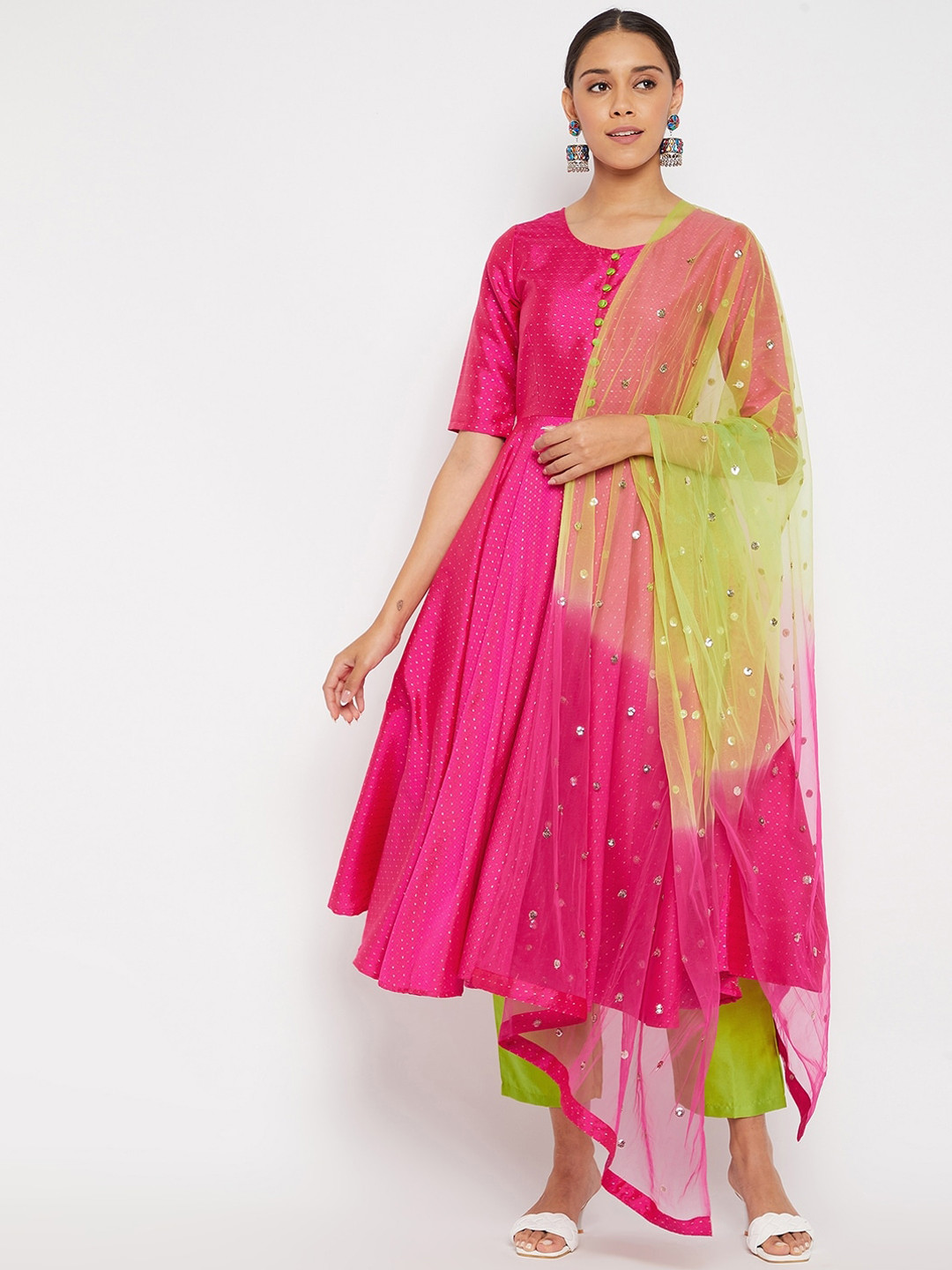 PANIT Magenta & Green Embellished & Woven Designed Anarkali Kurta with Trousers & Dupatta