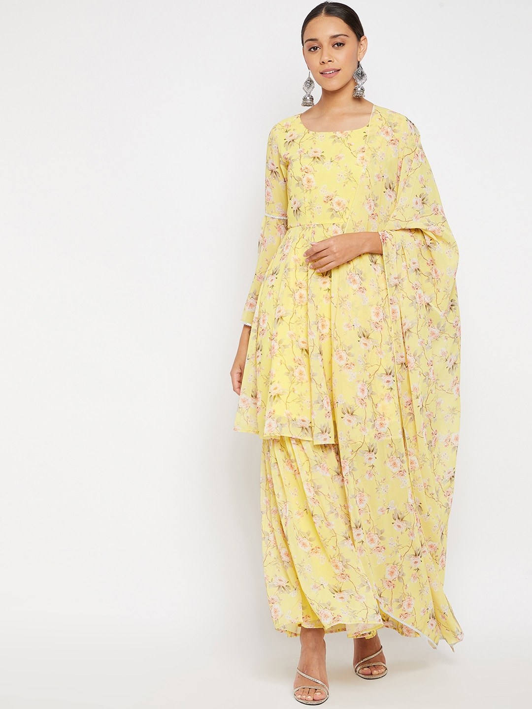 PANIT Women Yellow Floral Printed Georgette Empire Kurta with Palazzo & With Dupatta