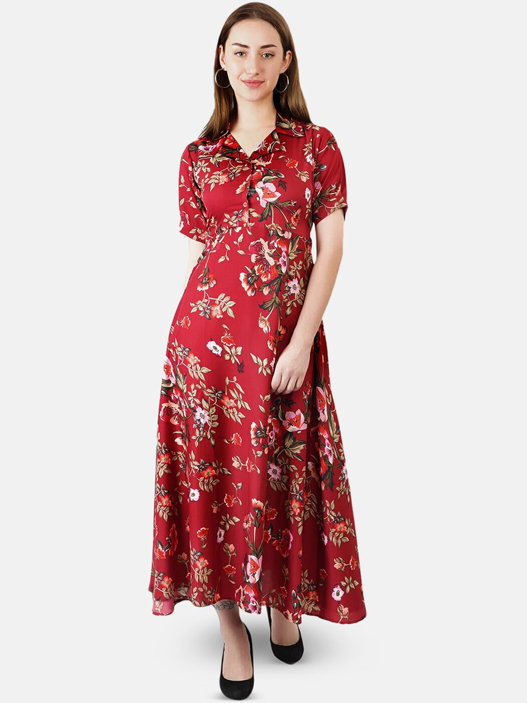 Indietoga Maroon Floral Crepe Maxi Dress