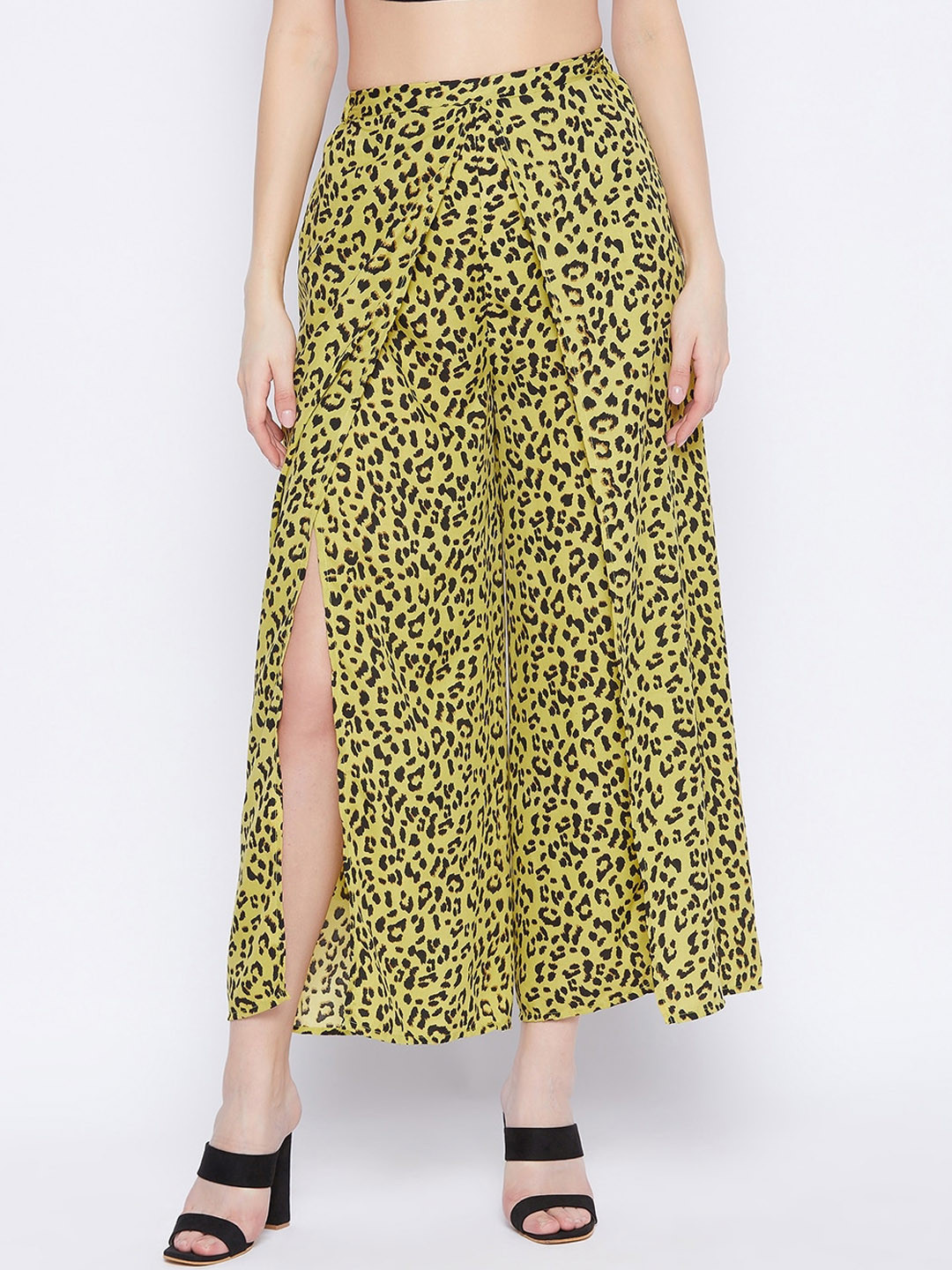 PURYS Women Mustard Yellow Animal Printed Relaxed Flared Parallel Trousers With Slit