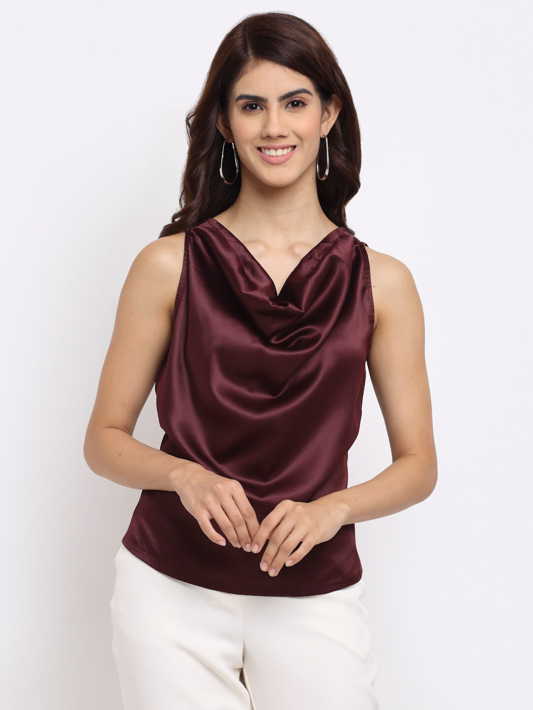 NEUDIS Burgundy Cowl Neck Sheen Satin Top