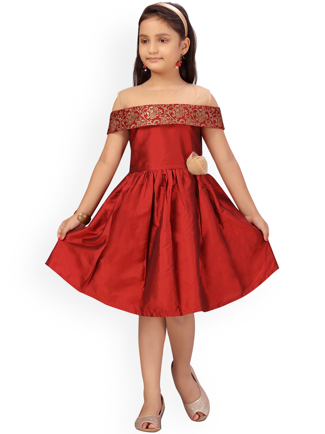 Aarika Girls Maroon & Gold-Toned Fit & Flare Dress