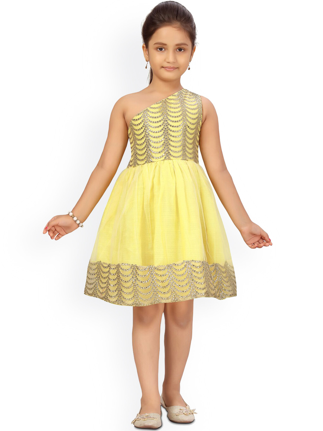 Aarika Girls Yellow One-Shoulder Net Dress