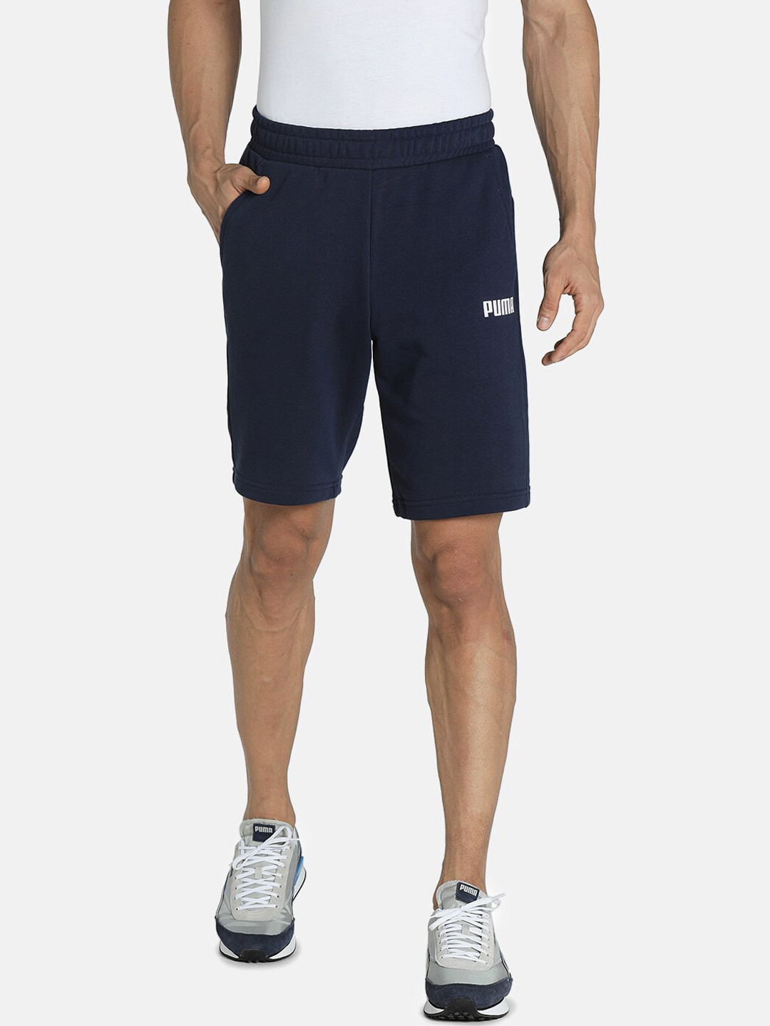 Puma Men Navy Blue & White Essential 10 Regular Fit Bermuda Shorts