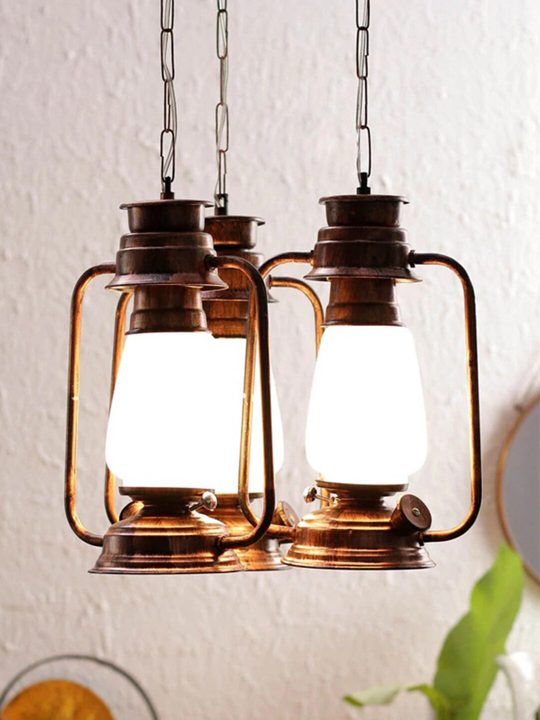 Devansh Set of 3 Copper Antique Cluster Lantern Milky Glass Hanging Lamp