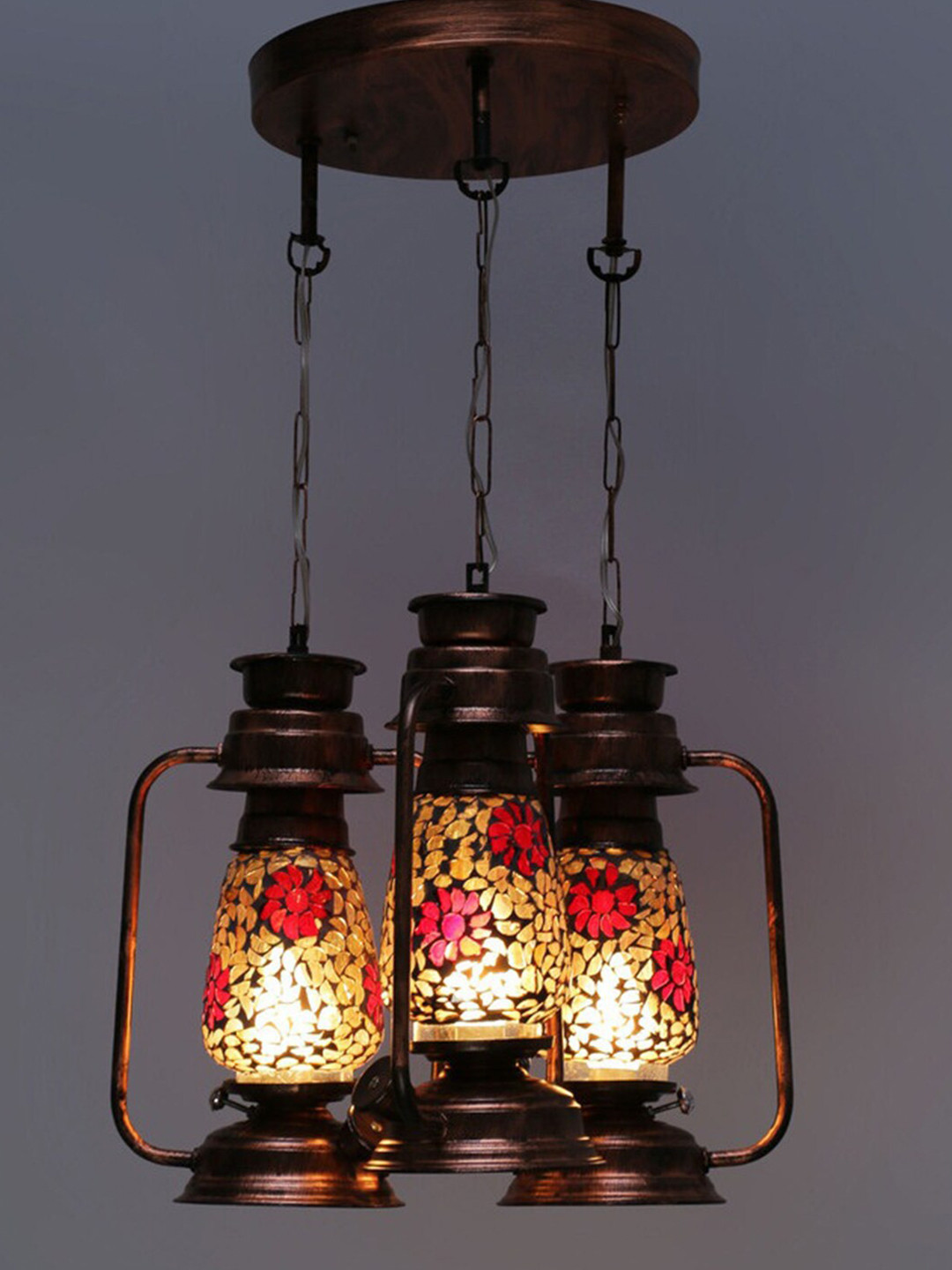 Devansh Set of 3 Copper & Magenta Antique Cluster Lantern Mosaic Glass Hanging Lamp