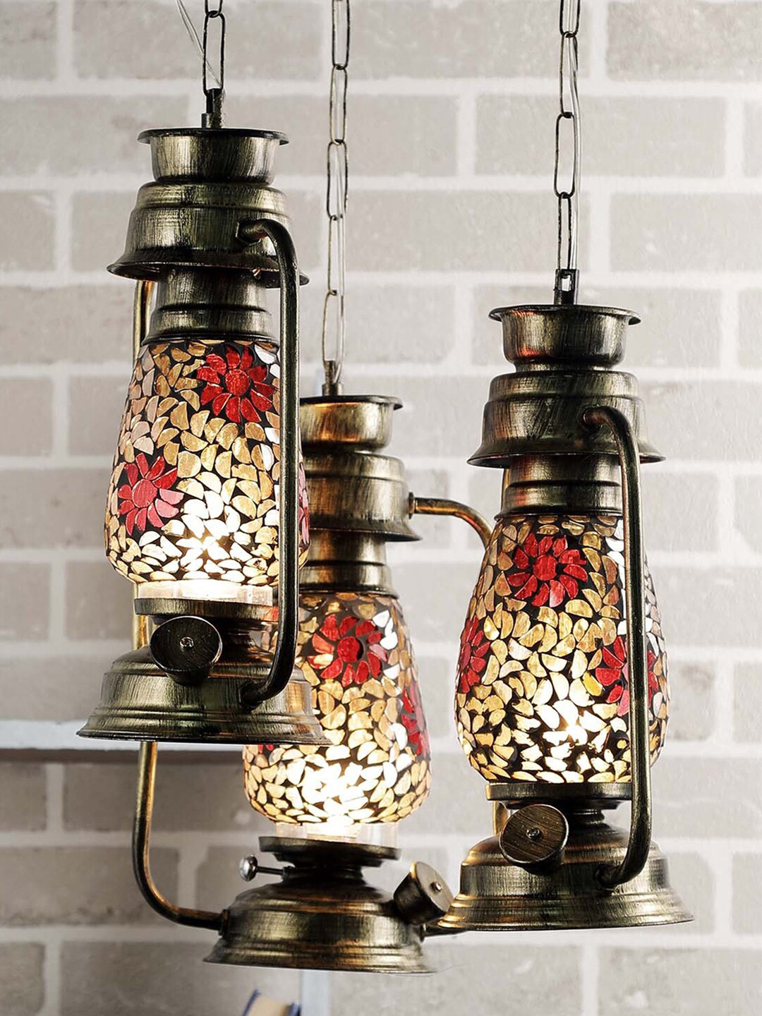 Devansh Set of 3 Black & Copper Golden Antique Lantern Mosaic Glass Hanging Lamp
