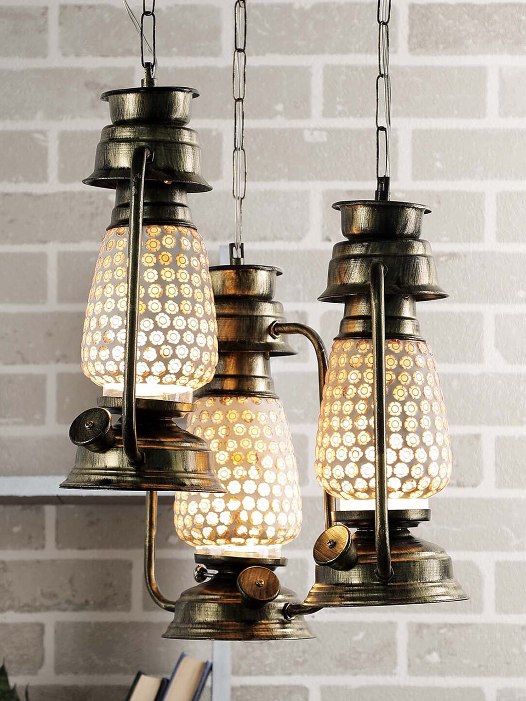 Devansh Set of 3 White & Copper Antique Lantern Mosaic Multicolor Glass Hanging Lamp