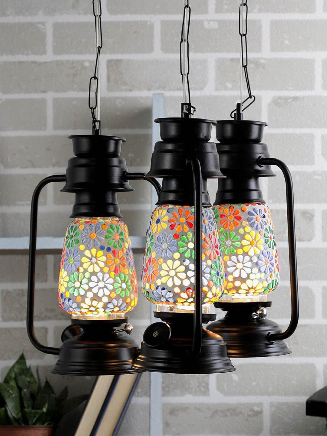 Devansh Set of 3 Black Cluster Lantern Mosaic Glass Hanging Ceiling Lamp