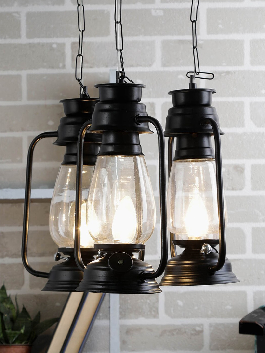 Devansh Set of 3 Black Cluster Lantern Transparent Glass Hanging Lamp