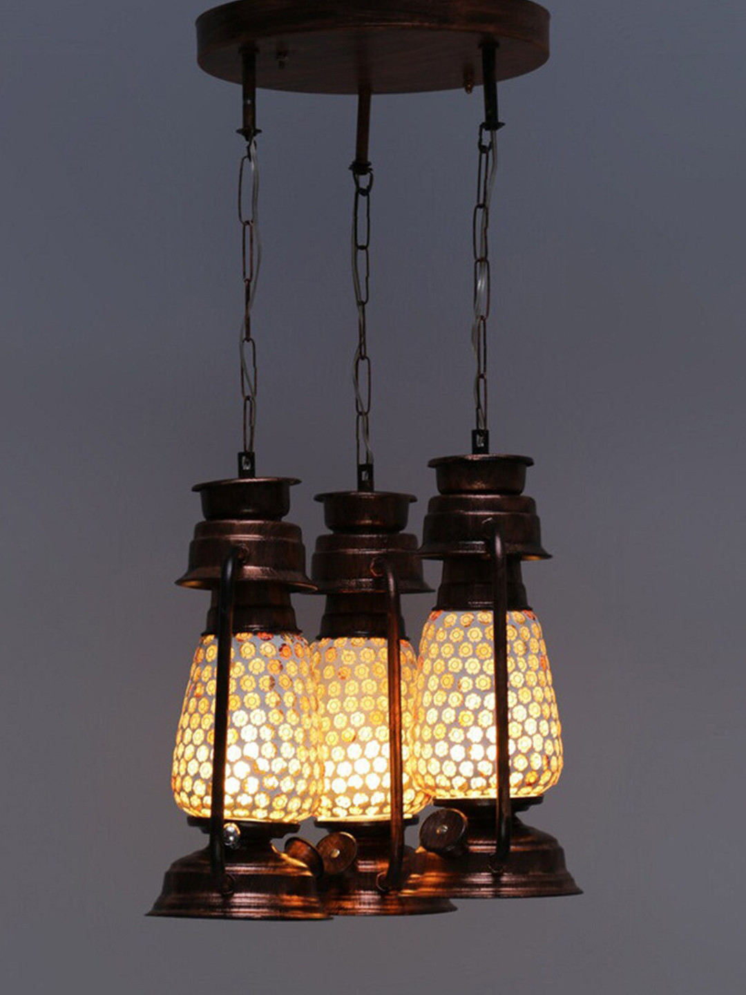 Devansh Set of 3 Copper Antique Cluster Lantern Mosaic Glass Hanging Lamp