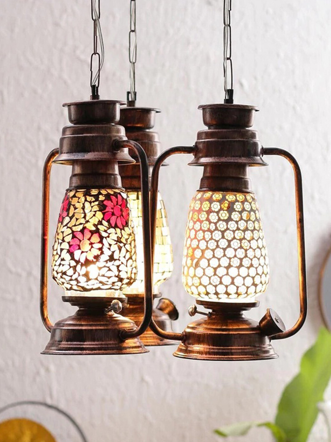 Devansh Set of 3 Copper Antique Cluster Lantern Mosaic Glass Hanging Lamp