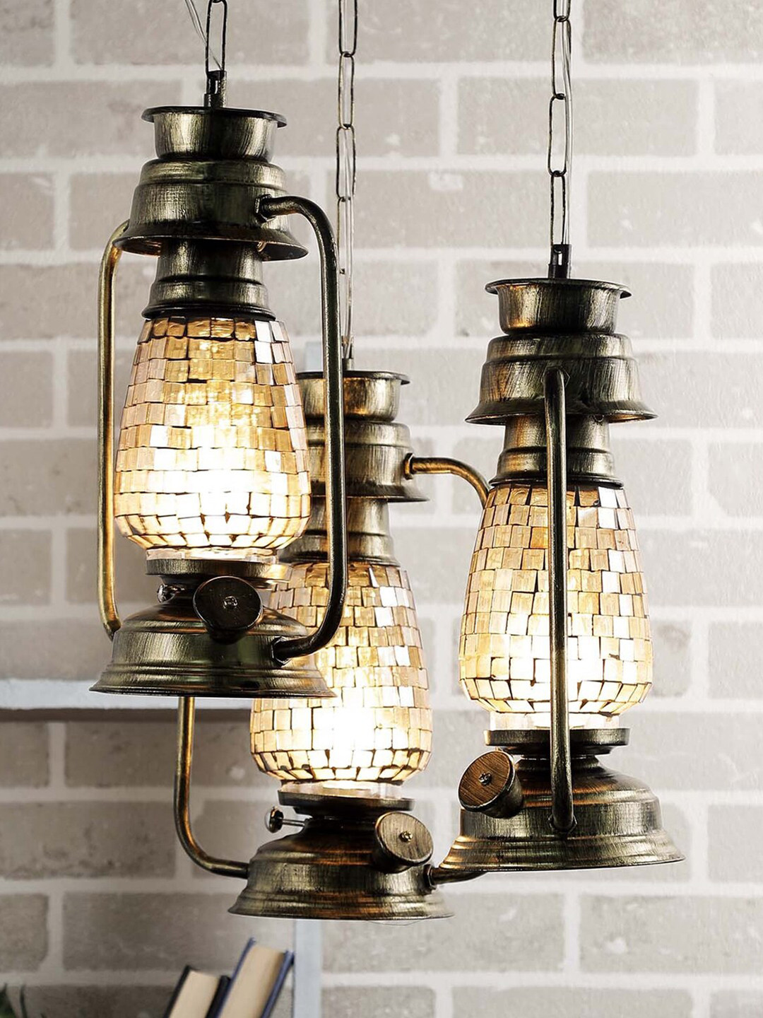 Devansh Set of 3 Gold Antique Cluster Lantern Mosaic Glass Hanging Lamp