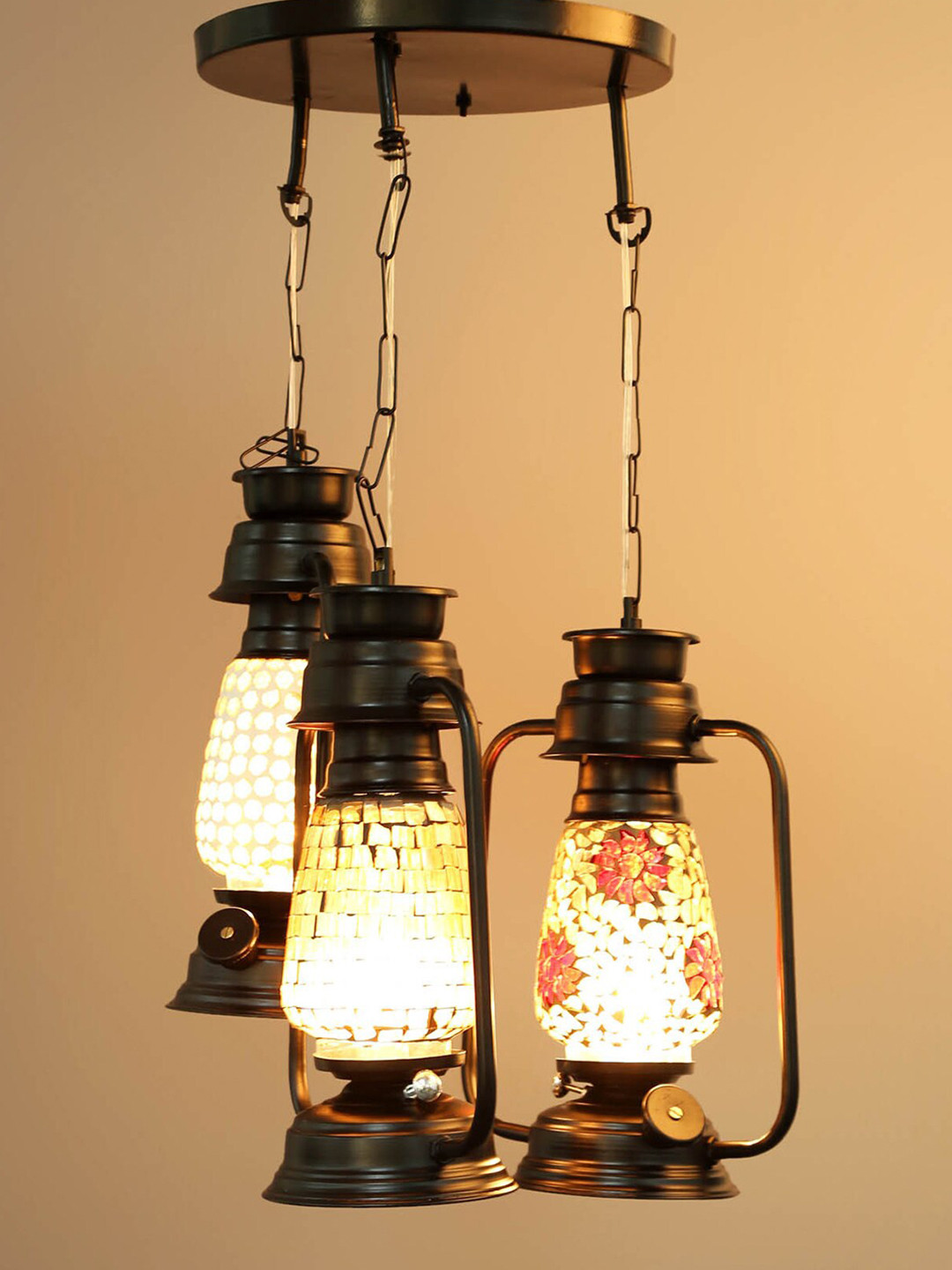 Devansh Set of 3 Black Antique Cluster Lantern Mosaic Glass Hanging Lamp