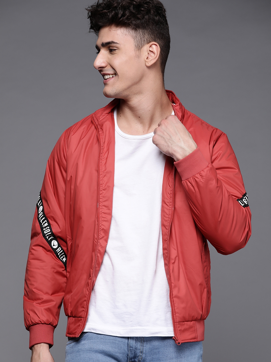 Buy Allen Solly Men Red Solid Bomber jacket Online at Low Prices
