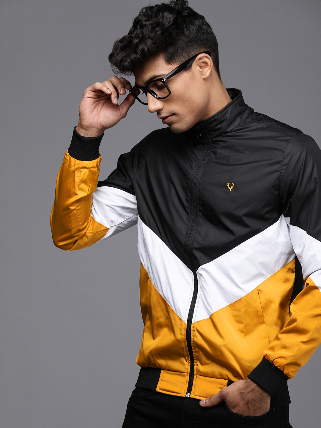 Allen Solly Sport Men Black & Mustard Yellow Colourblocked Bomber Jacket