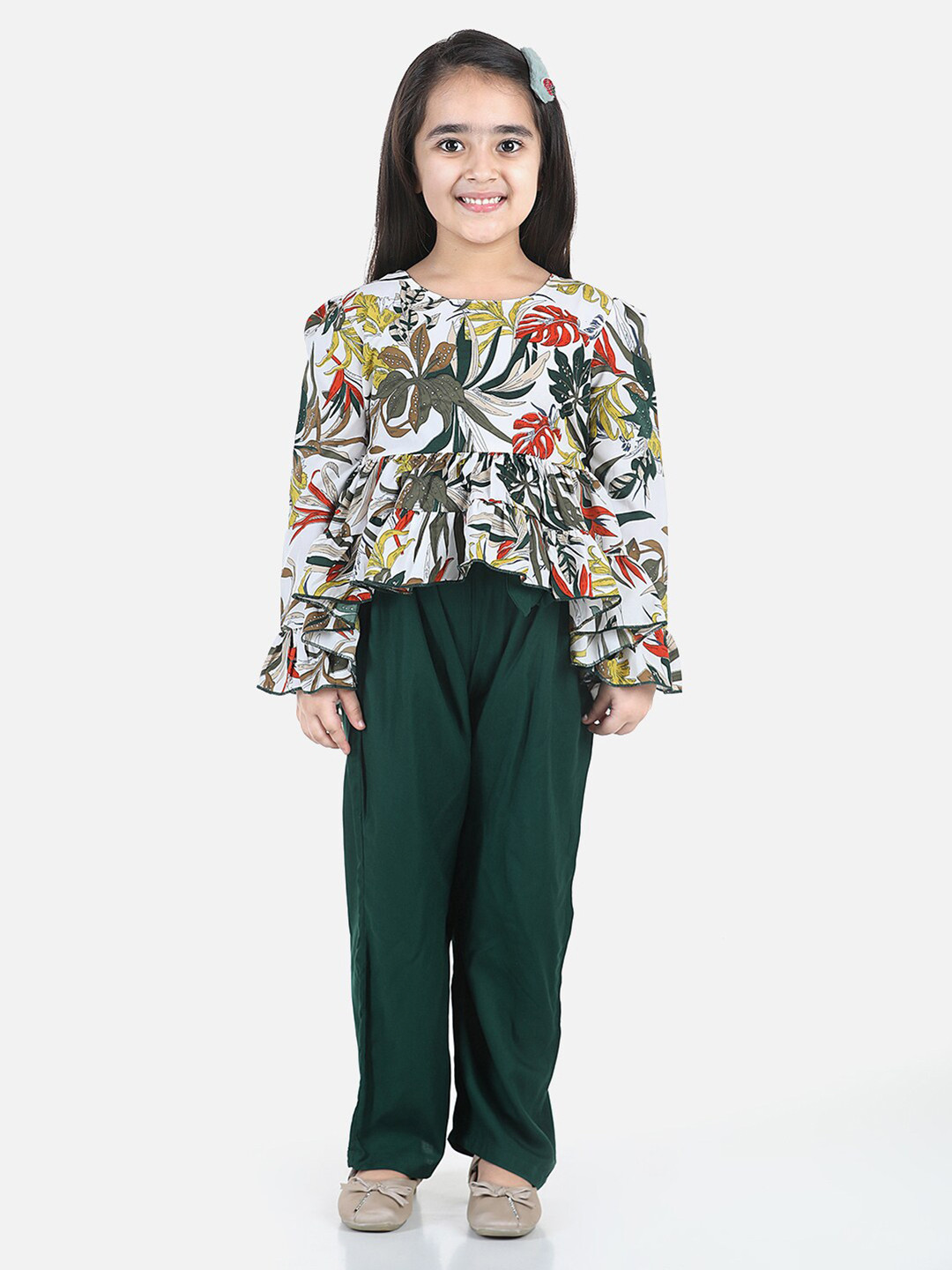 Cutiekins Girls Green & White Printed Top with Palazzos