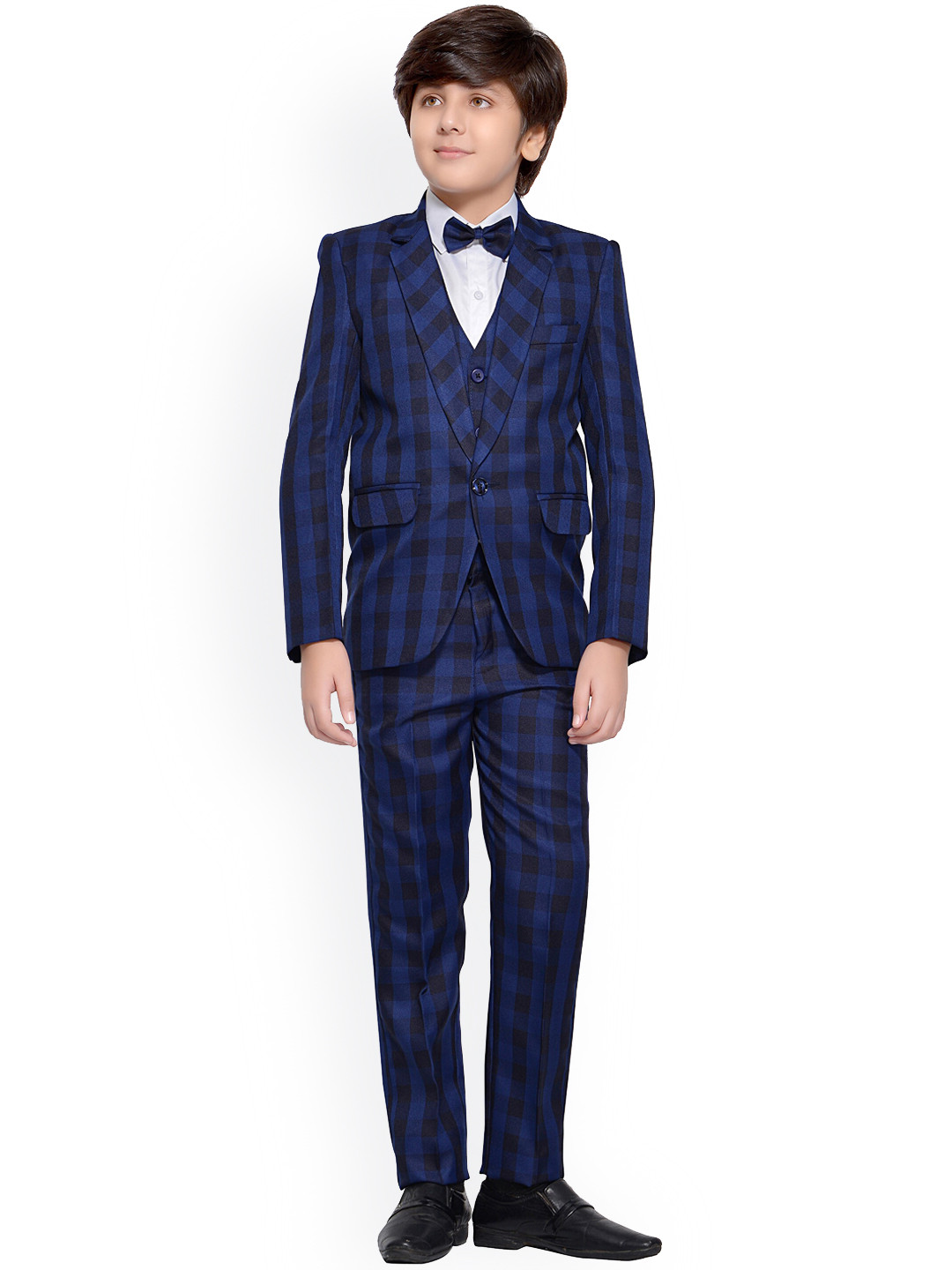 Jeetethnics Boys Navy Blue & Black Checked 5-Piece Single-Breasted Partywear Suit