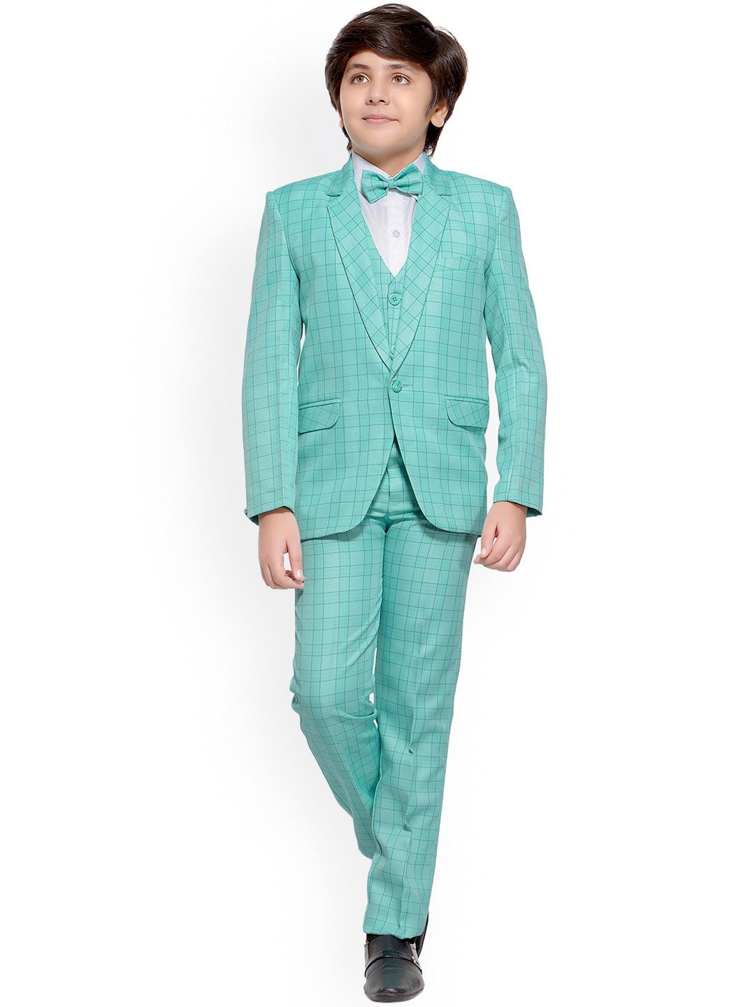 Jeetethnics Boys Sea Green & Blue Checked 5-Piece Single-Breasted Partywear Suit
